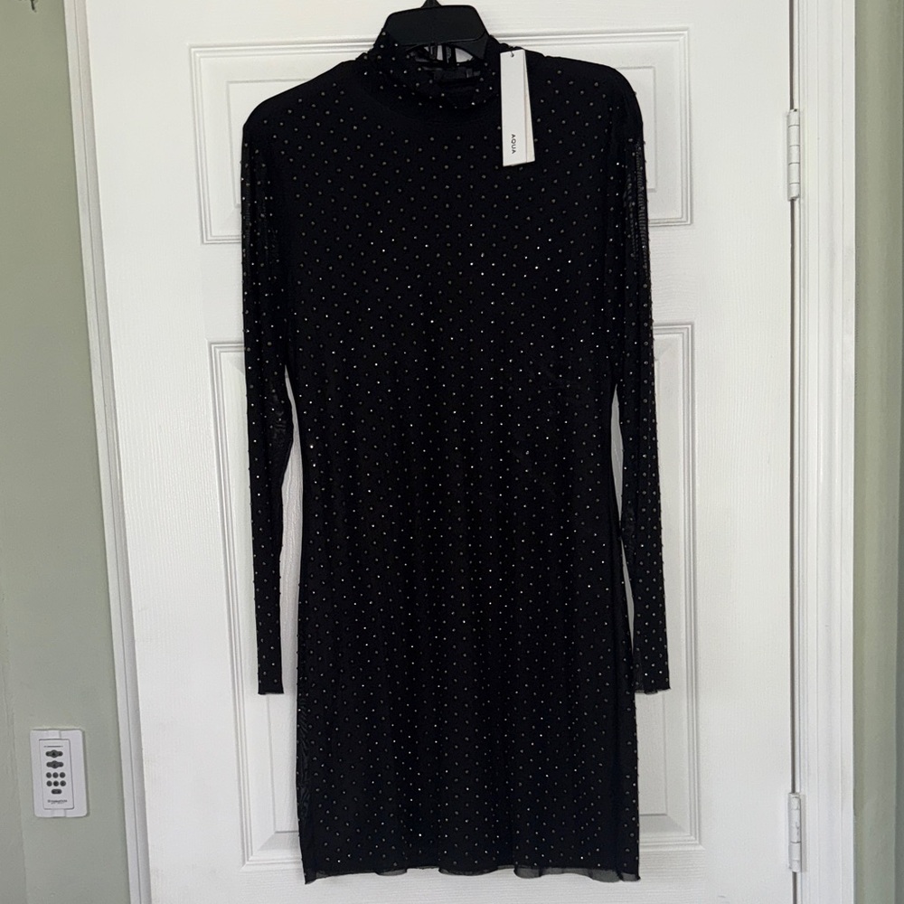Black Long-Sleeve Rhinestone Mock Neck Dress by AQUA L